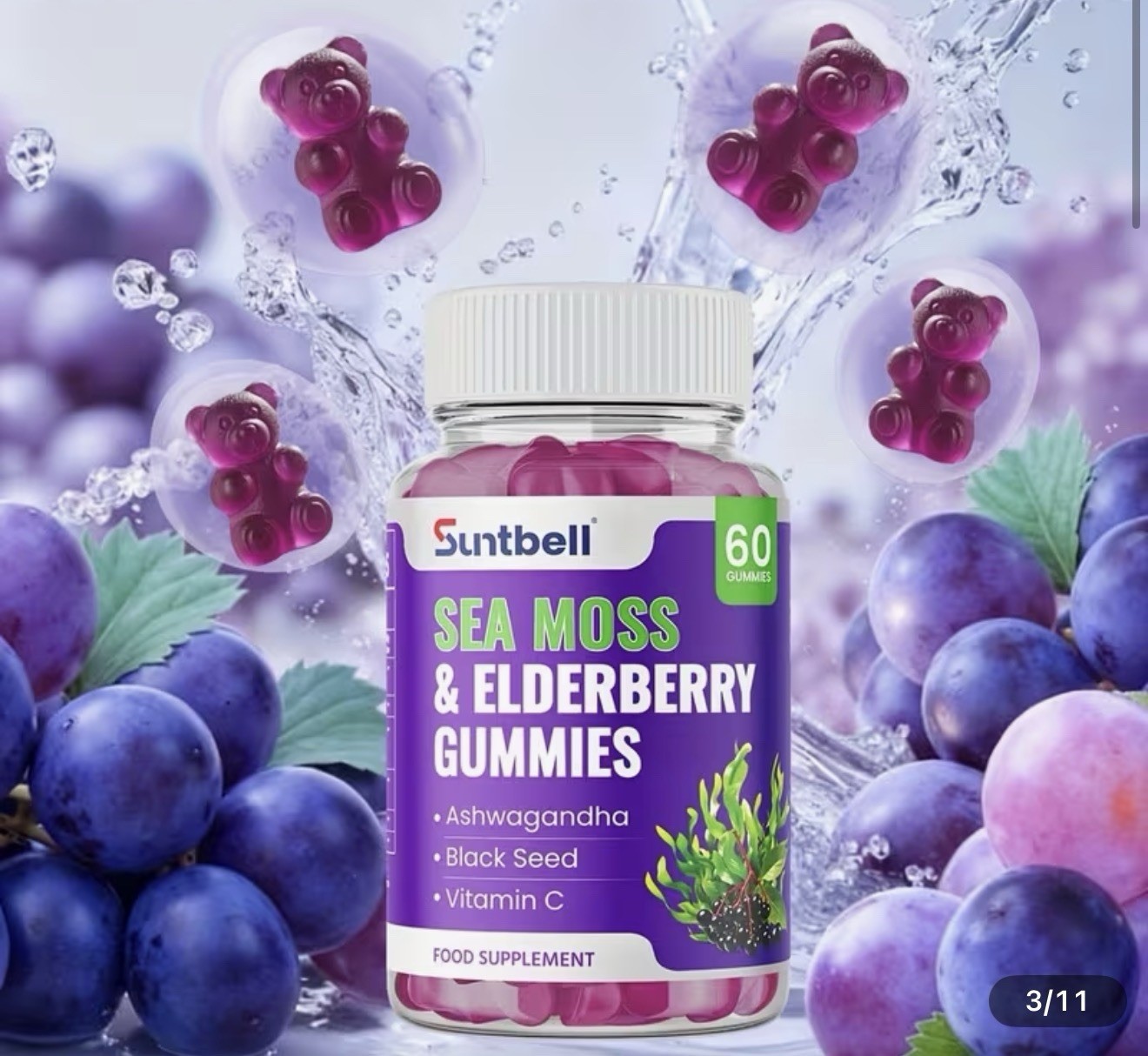 Suntbell Sea Moss & Elderberry Gummies w/ Vitamin C, Grape, 60 Ct