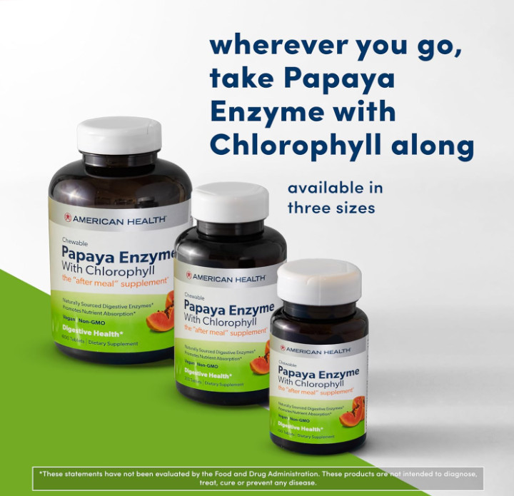 American Health Papaya Enzyme with Chlorophyll Chewable Tablets Digestive Diet