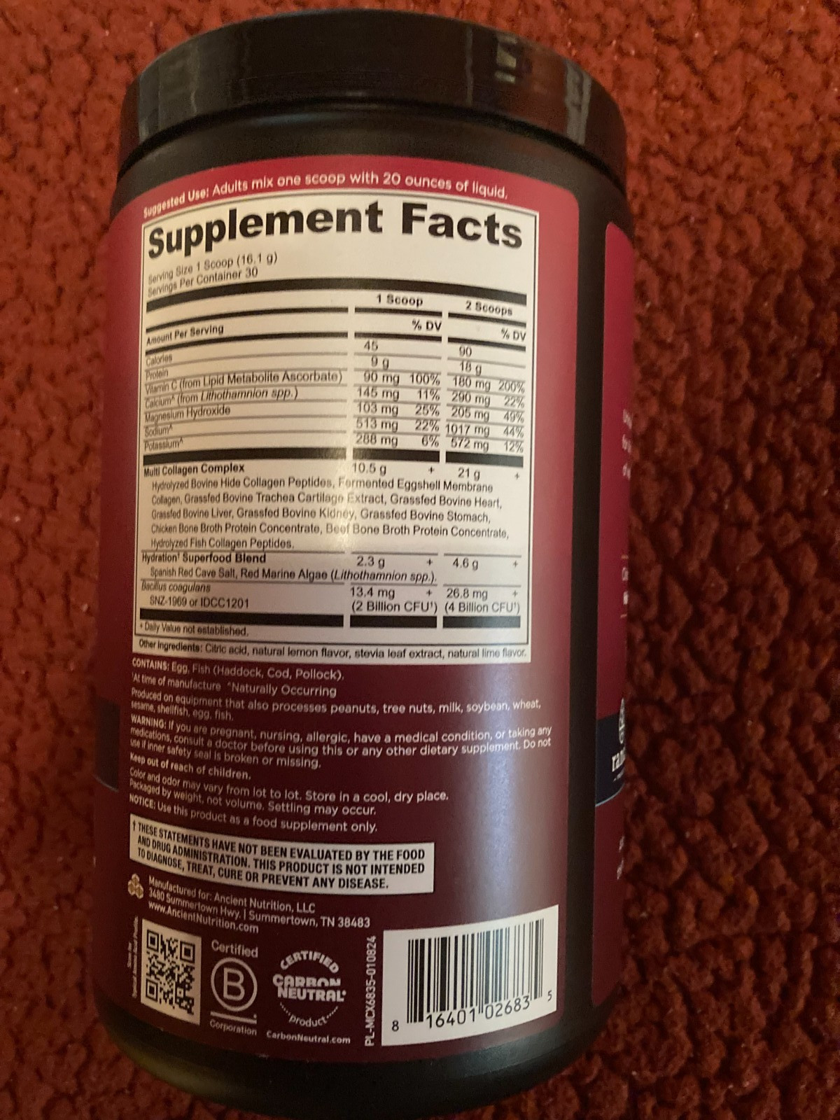 NEW Ancient Nutrition Multi Collagen Advanced Hydrate 17 oz Lemon Lime BB 08/26