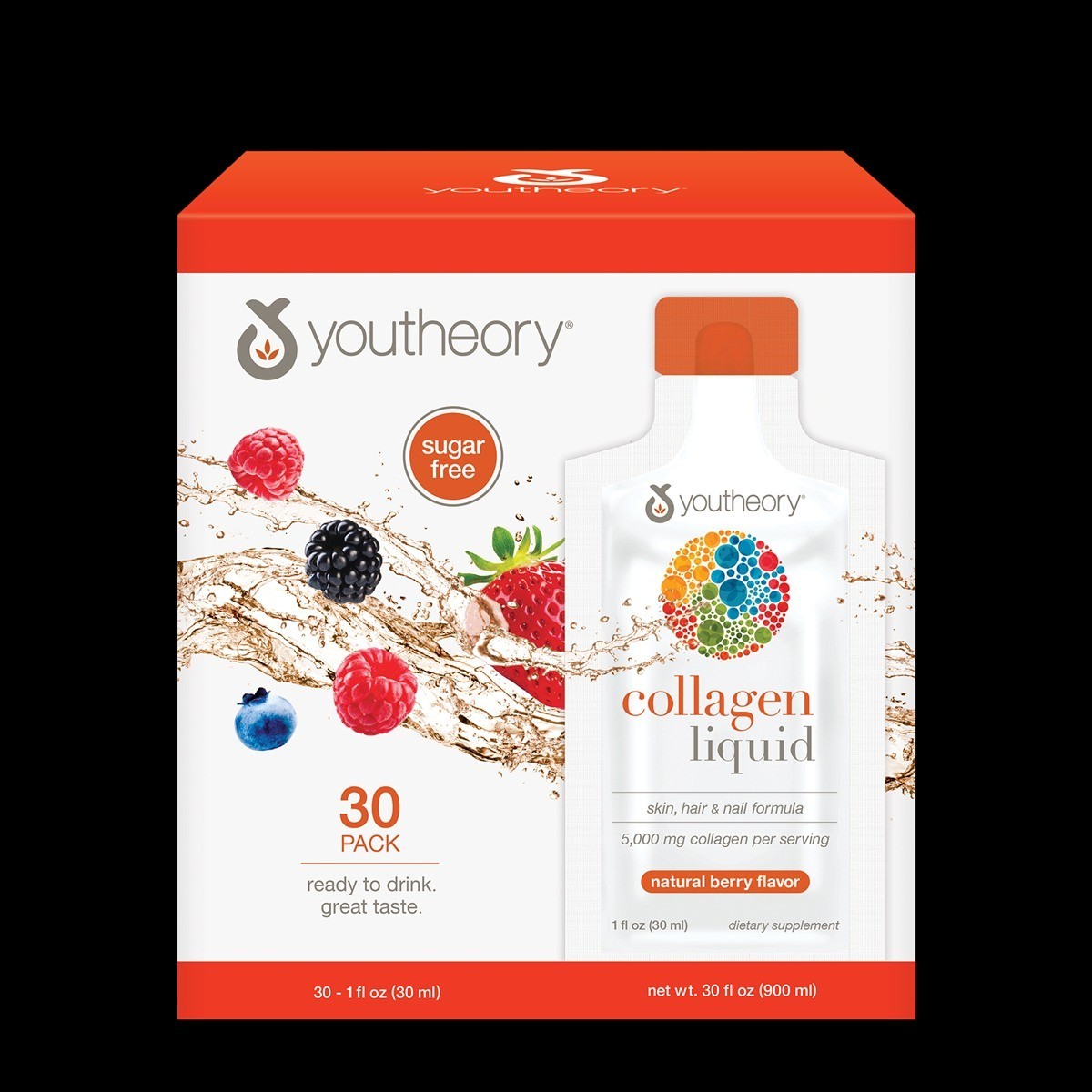 Youtheory 30 Pack Berry Collagen Liquid – 5000mg Peptides for Skin, Hair & Nails