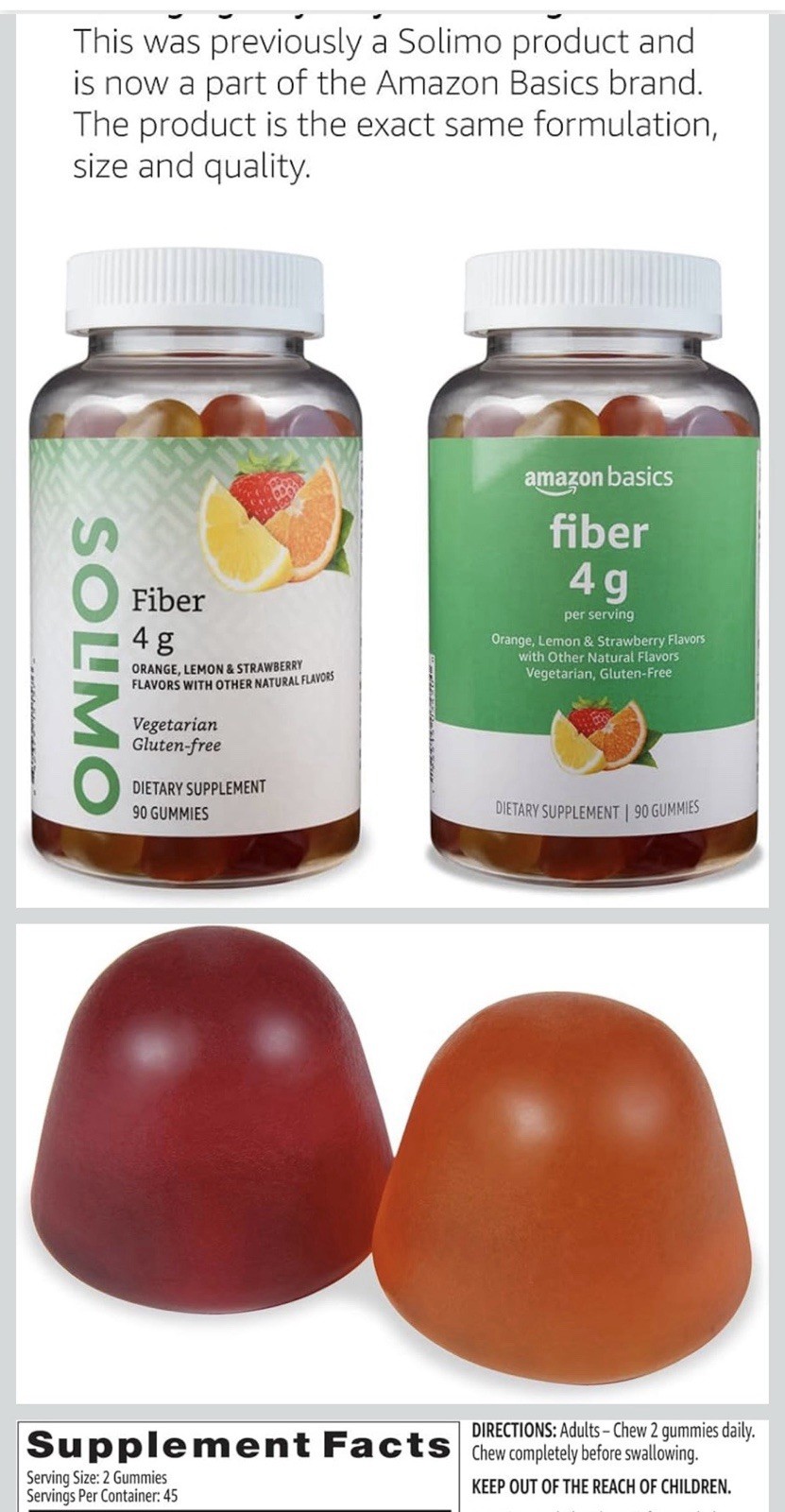 Amazon Basics Fiber 4g Digestive Support Gummies Orange Lemon Strawberry 90