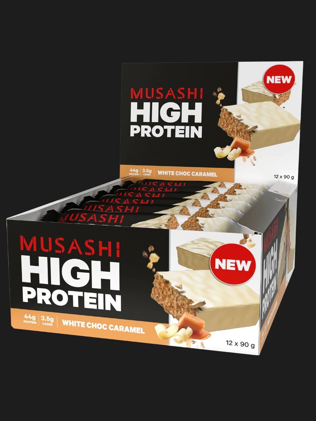 New Musashi High Protein Bar White Choc Caramel 90g X 12 Bars