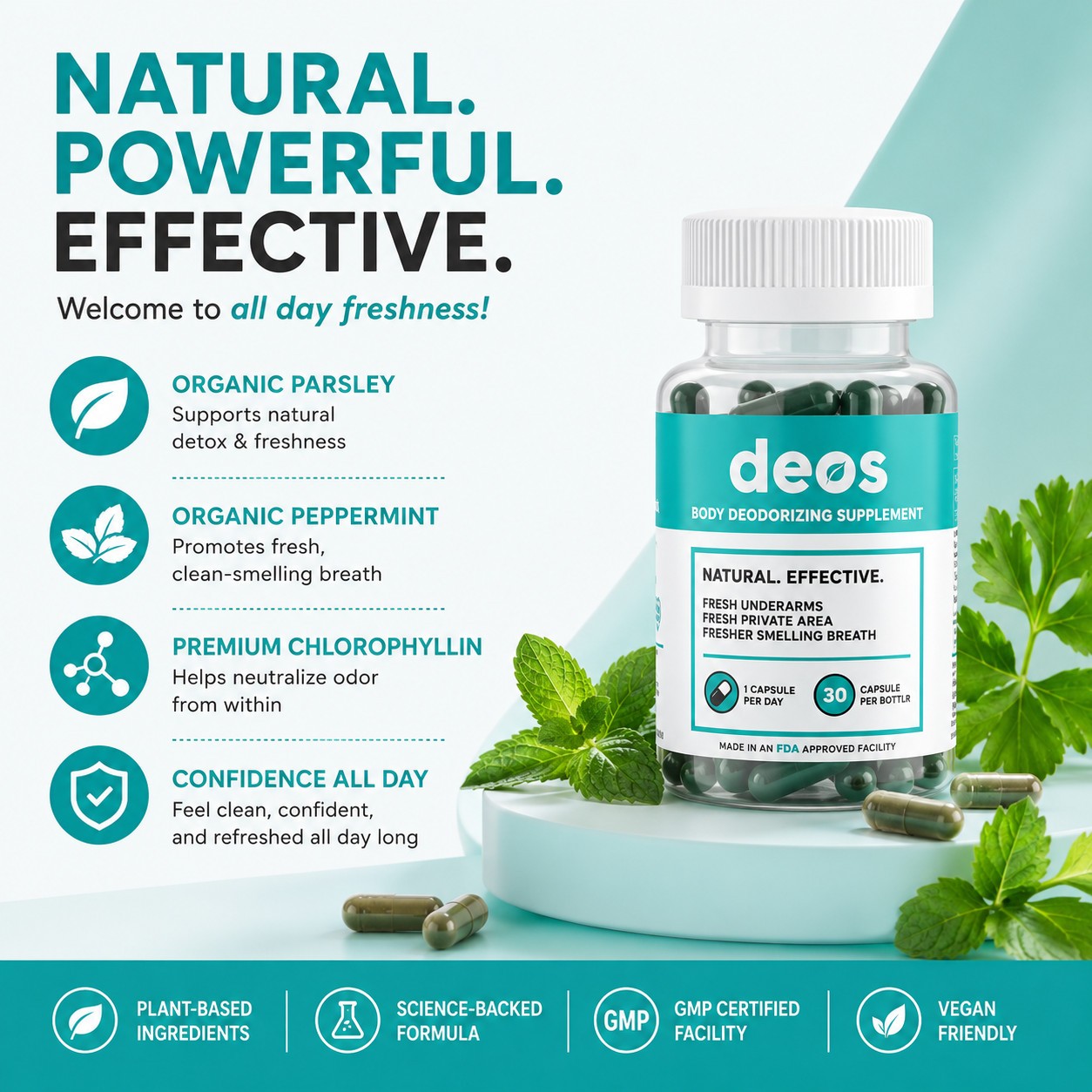2Pk deos Body Deodorizing Supplement Natural Fresh Breath Underarm 60 Capsules