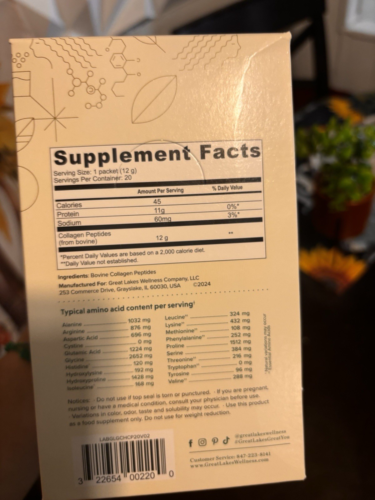 Great Lakes Wellness Collagen Peptides Bovine Unflavored Powder Stick Keto Paleo