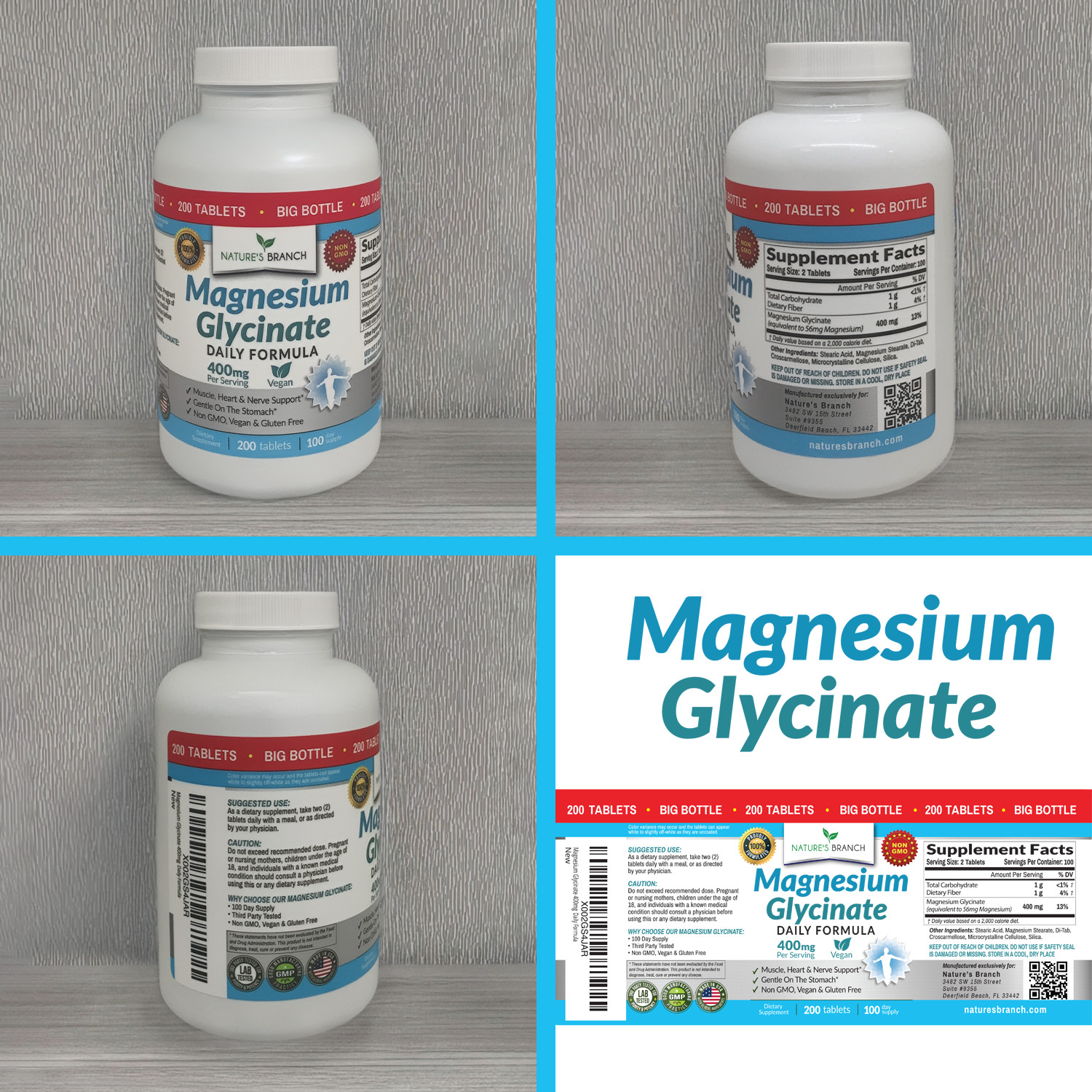 BEST MAGNESIUM GLYCINATE 400 MG – 200 TABLETS – HIGH ABSORPTION PURE MADE IN USA