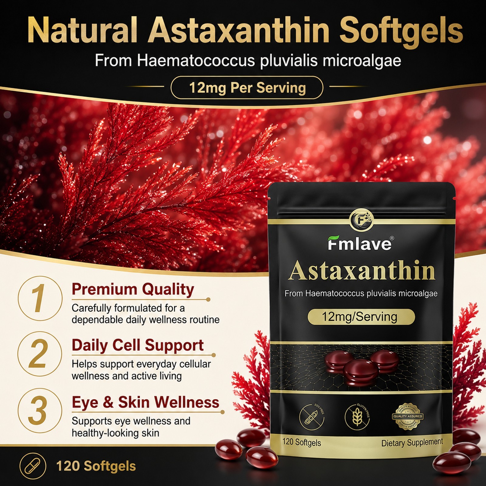 Astaxanthin 12mg 120gels Fresh Microalgae Source Antioxidant/Skin/Eye/Joint
