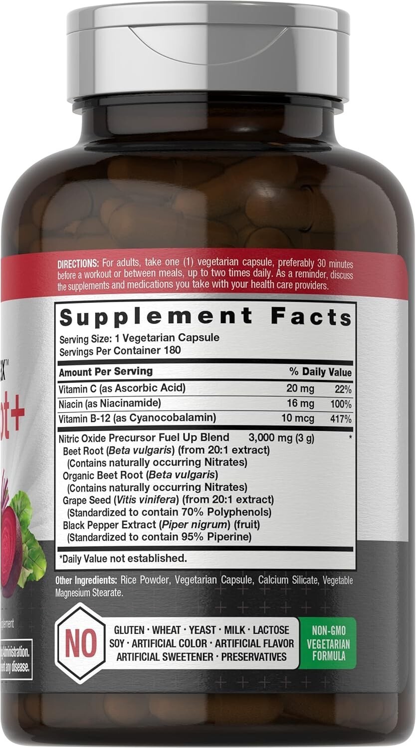 Nitric Oxide Beet Root Capsules | With Nitrates | 180 Count | by Horbaach