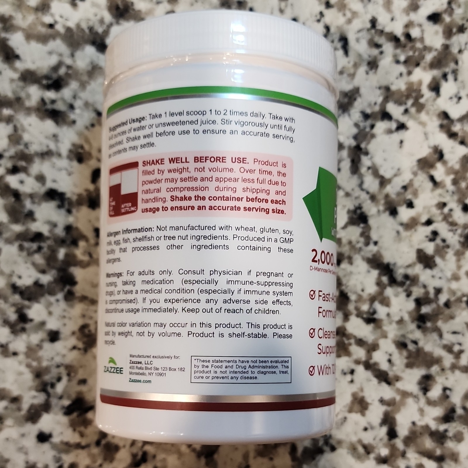 ZAZZEE D-Mannose Powder Plus Cranberry Probiotics 11.94 oz 2000mg Non-GMO