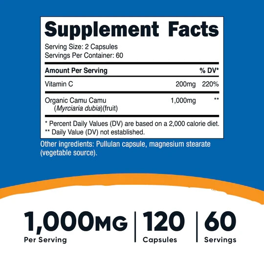 Nutricost Camu Camu Organic 1000mg, 120 Caps – Non GMO – GF- EXP 06/2026