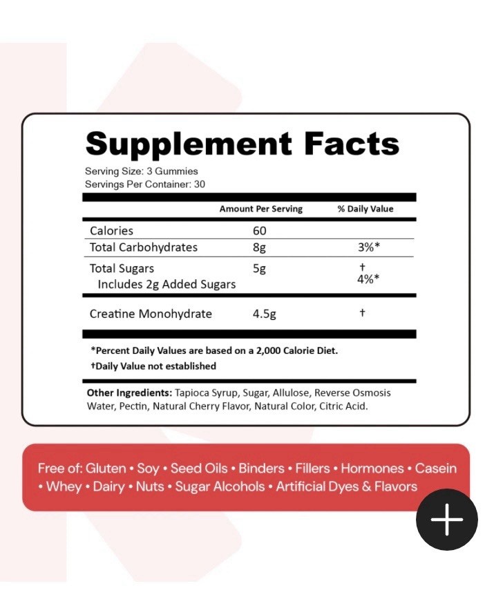 Create Creatine Monohydrate Gummies Sour Cherry Non-GMO 90 Ct 4.5g 1 lb