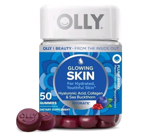 OLLY Glowing Skin Gummies Hyaluronic Acid Collagen + Sea Buckthorn 50 Count
