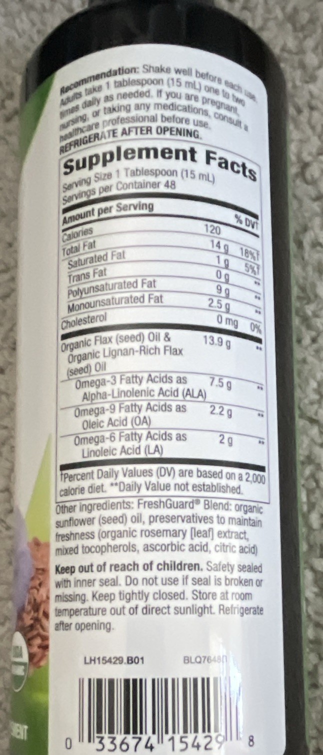 Nature’s Way Organic Flaxseed Oil Super Lignan Cold-Pressed 24 fl oz Exp 01/2027