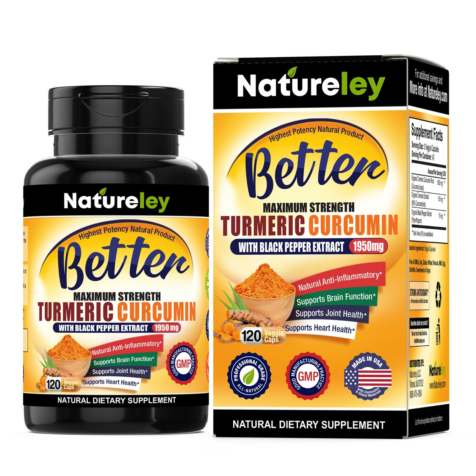 Organic Turmeric Curcumin 1950mg with Black Pepper Extract Supplements -120 Caps
