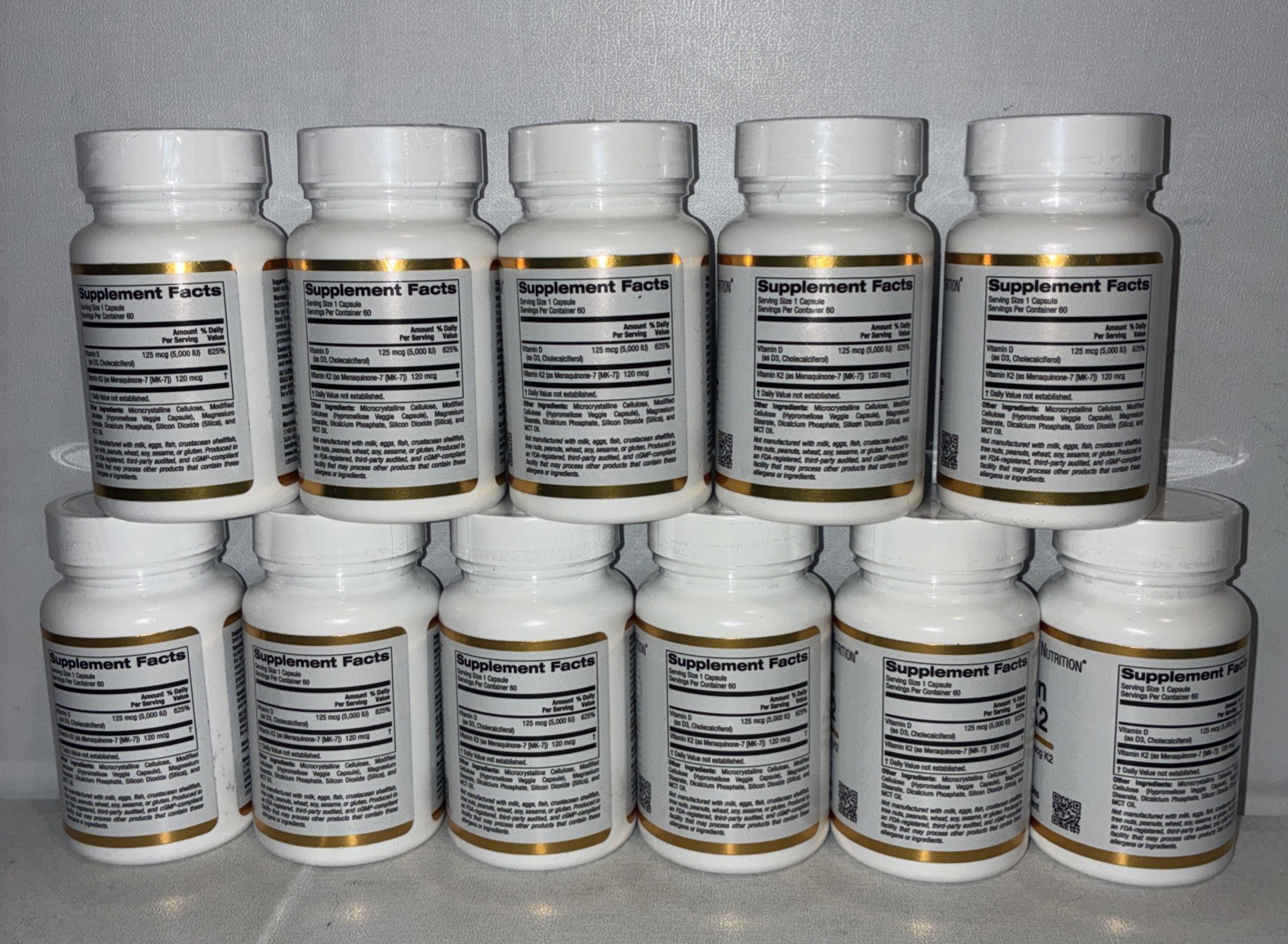 Lot Of 11-California Gold Nutrition Vitamin D3 + K2, 5,000IU, 120mcg K2/ 60 Caps