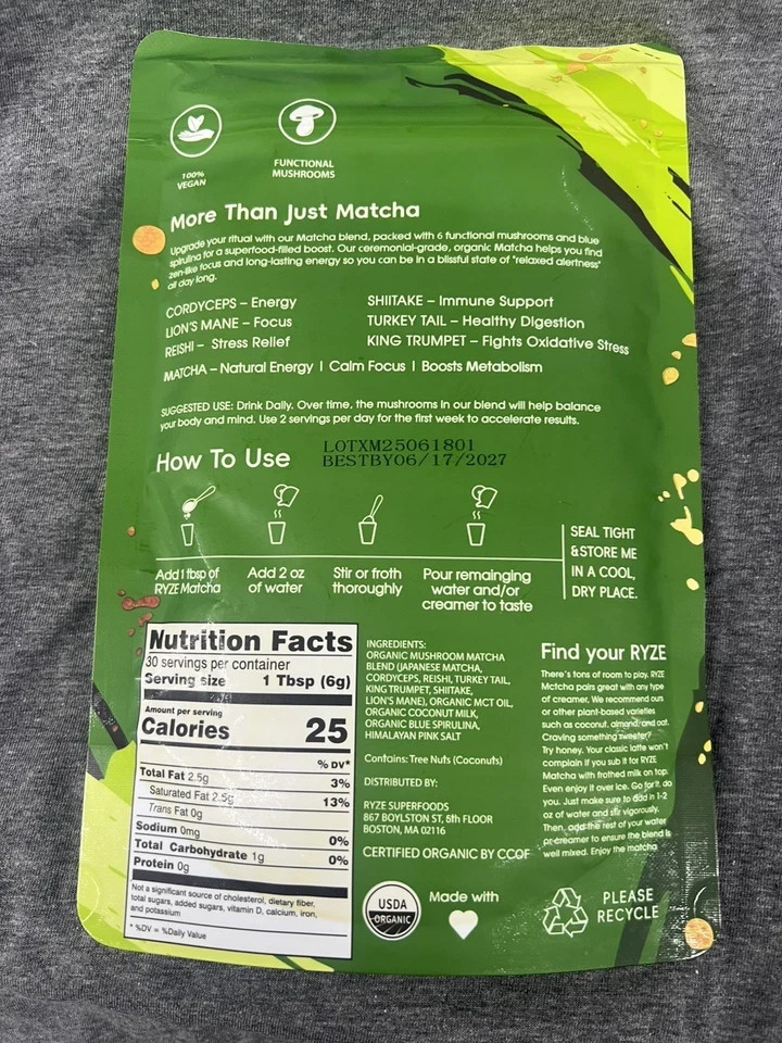 2 Pack Ryze Organic Mushroom Matcha – 30 Servings Sealed Free Shipping！