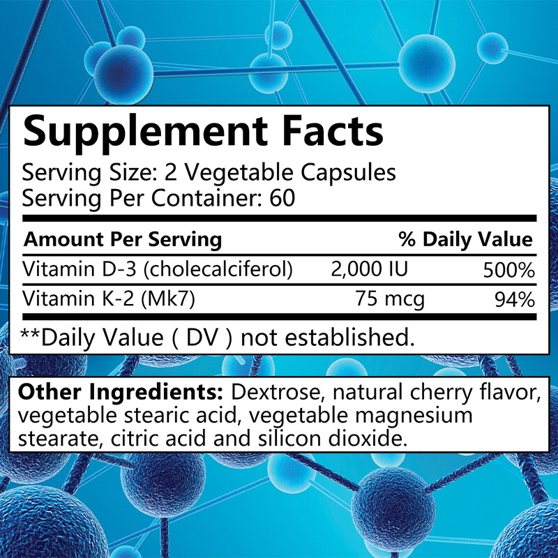 Vitamin D3 2000 IU K2 MK7 75 mcg, Vit D and K Supplement, Immune Health