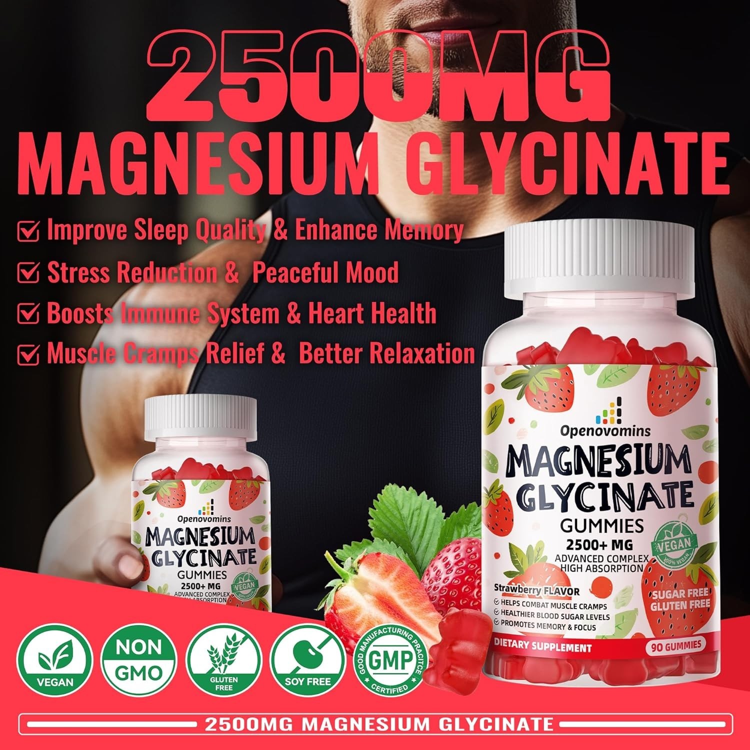 2-Pack Openovomins Magnesium Glycinate Gummies Strawberry 90 Count Each EX 10/26