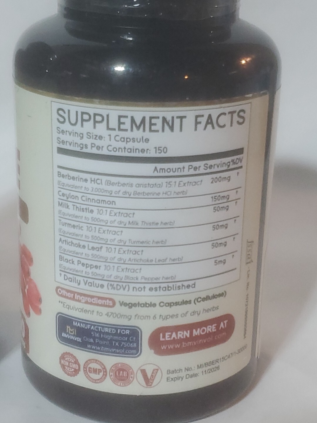 Lot Of 2 BMVINOL Berberine Ceylon Cinnamon + Turmeric 150ct 4700mg Exp 10/2026