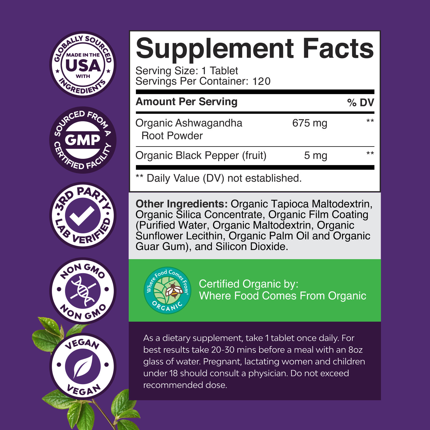 High Strength Organic Ashwagandha Supplements Ashwagandha Organic Tablets 120ct