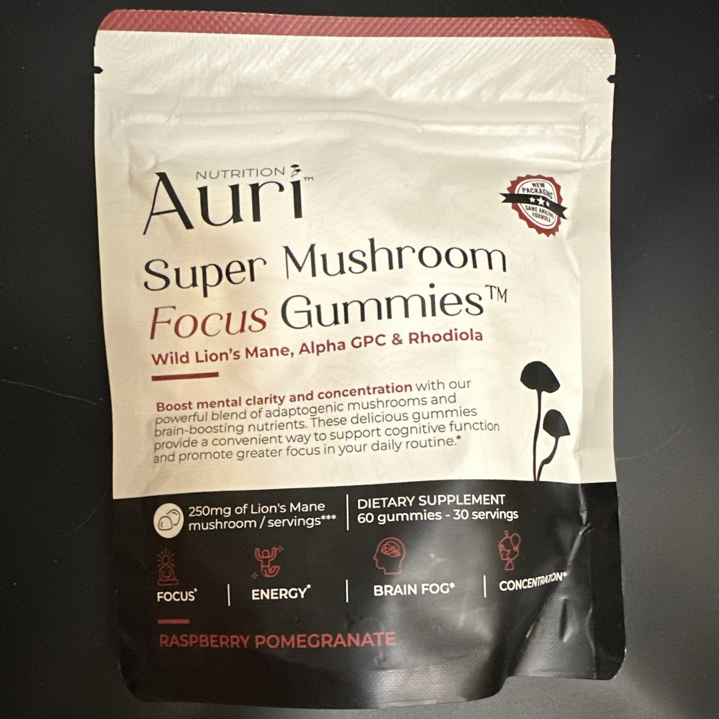 Auri Nutrition Super Mushroom Focus Gummies Lion’s Mane Vegan 60 Raspberry Pom