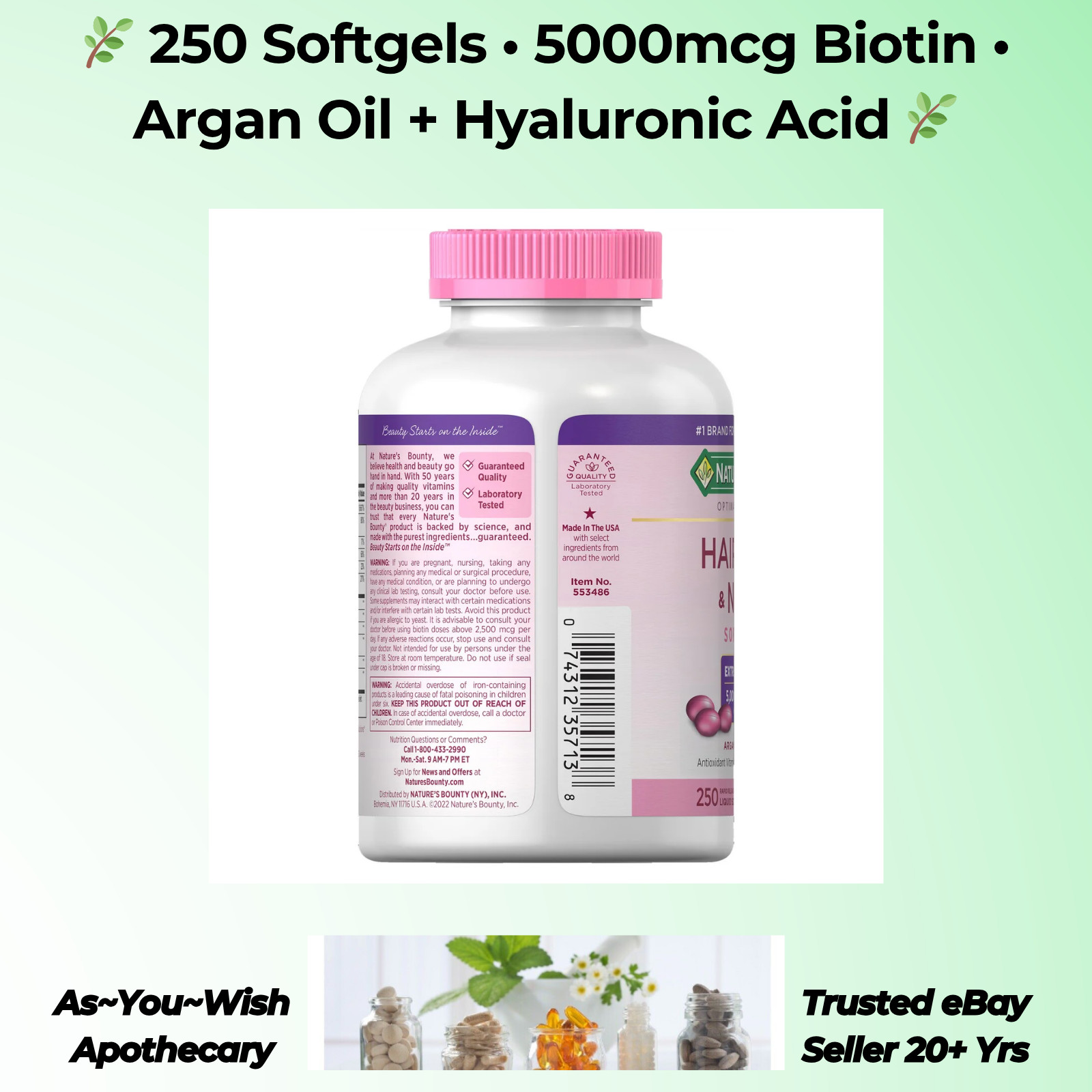250 Ct. Nature’s Bounty Hair Skin Nails 5000mcg Exp9/26 Biotin Argan Hyaluronic