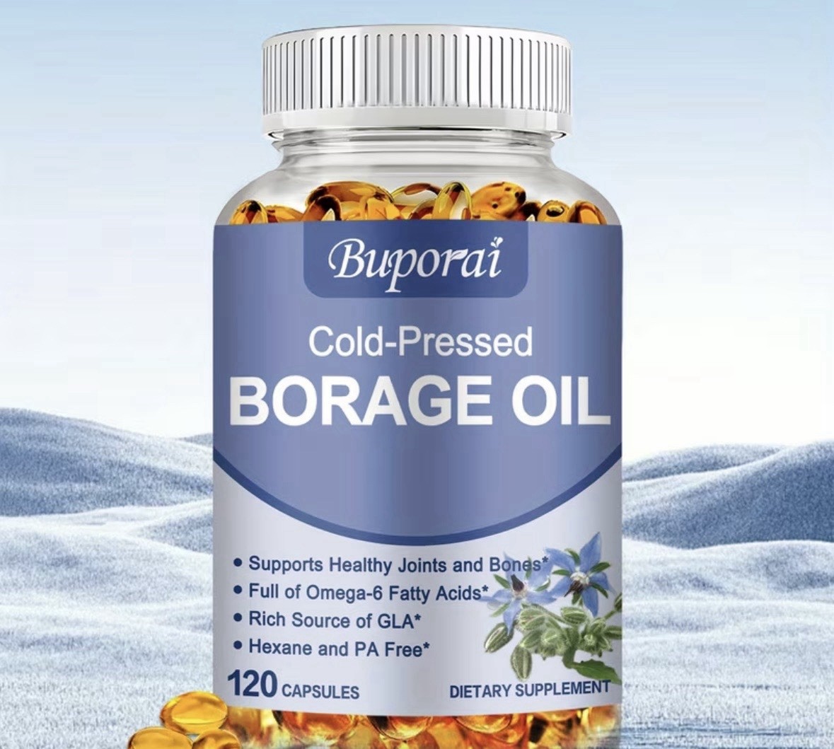 Buporai Cold-Pressed Borage Oil 1000mg Hexane-Free 120 Capsules Joint
