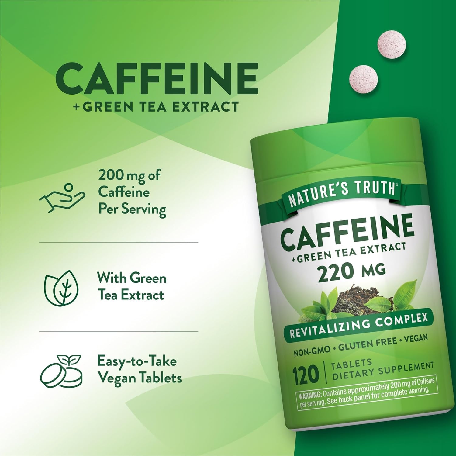 Caffeine Tablets With Green Tea Extract 220MG Energy Support Supplement 120 Coun