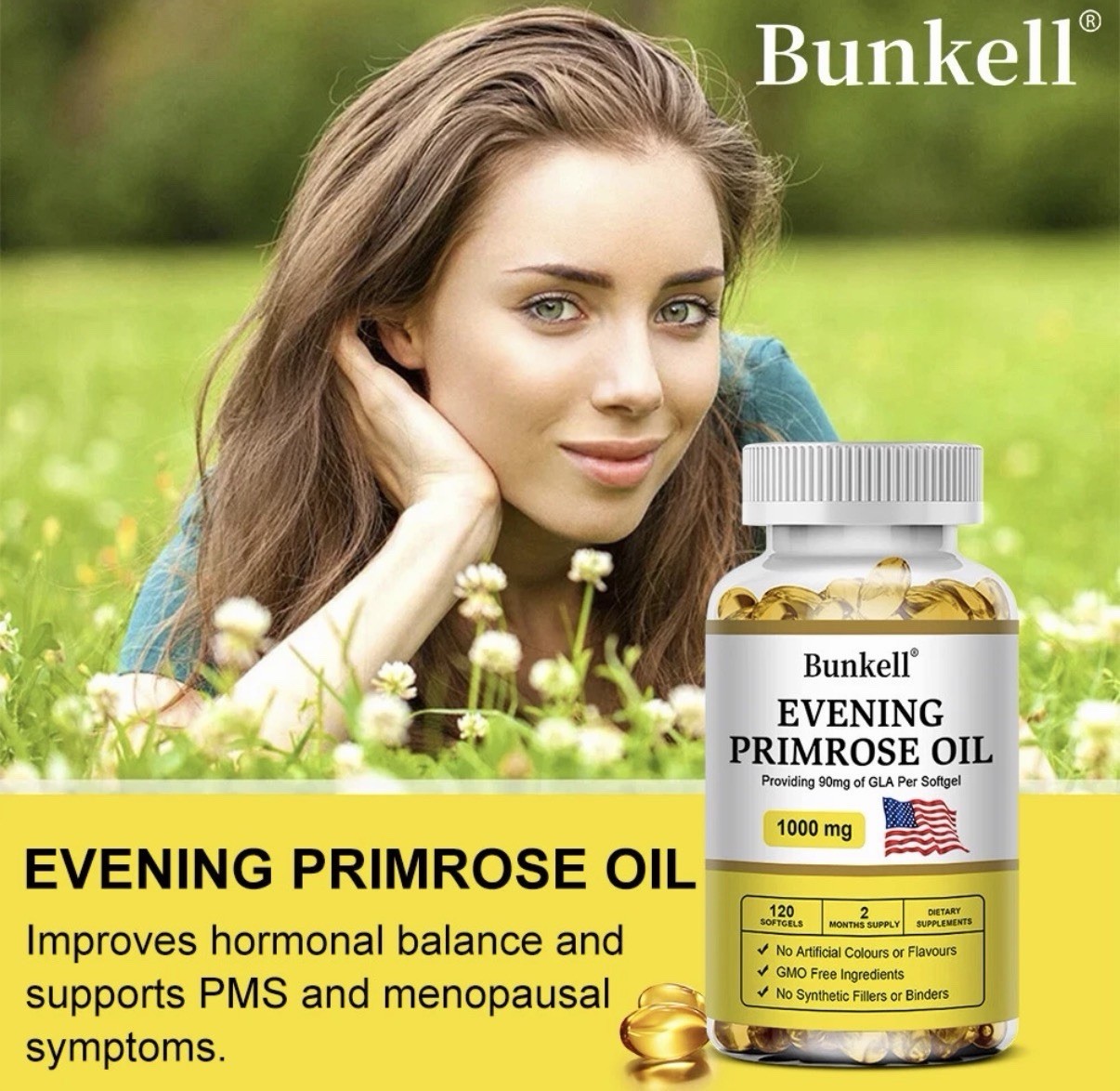 Bunkell Evening Primrose Oil Softgels Non-GMO 1000mg 120 Count