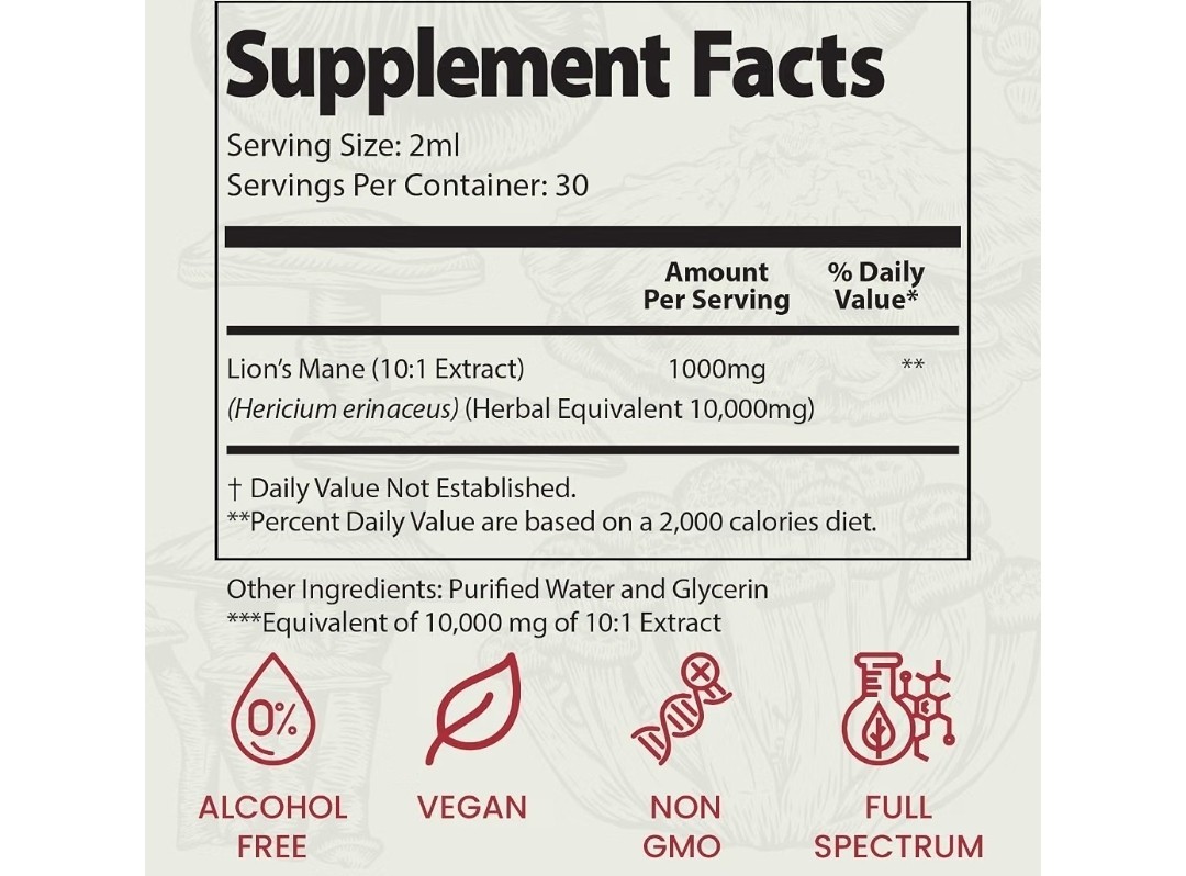 Auri Nutrition Lion’s Mane Elixir Liquid Drops Focus Memory Alcohol Free 2 fl oz