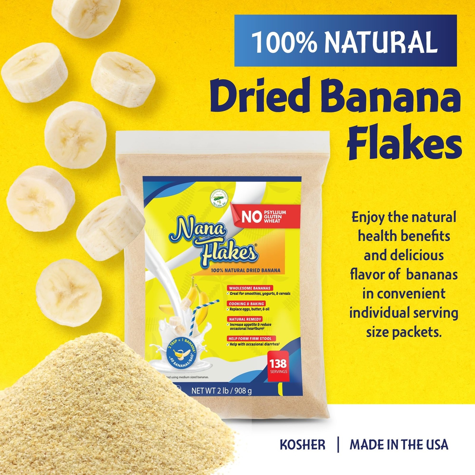 Nana Flakes 100% Dried Banana Natural Remedy 2 Lbs.138 Servings