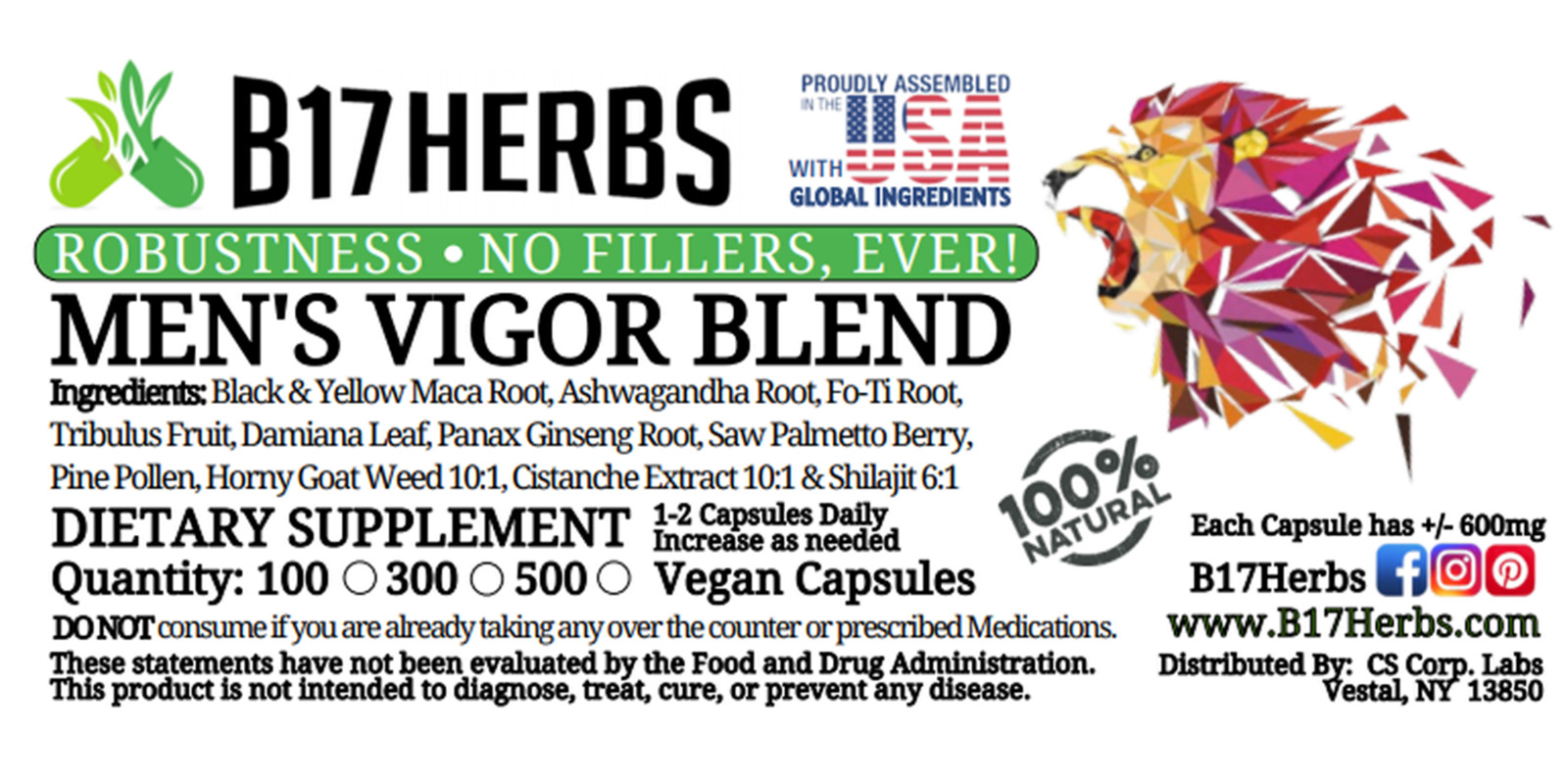 Vigor Special Blend – Cistanche, Pine Pollen, Ginseng 100 Veg. Caps, 600mg