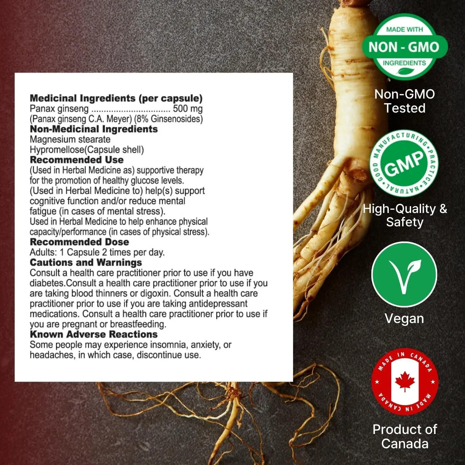 Nutridom Korean Red Ginseng 500mg 8% Ginsenosides Panax Extract 60 Vcaps Energy