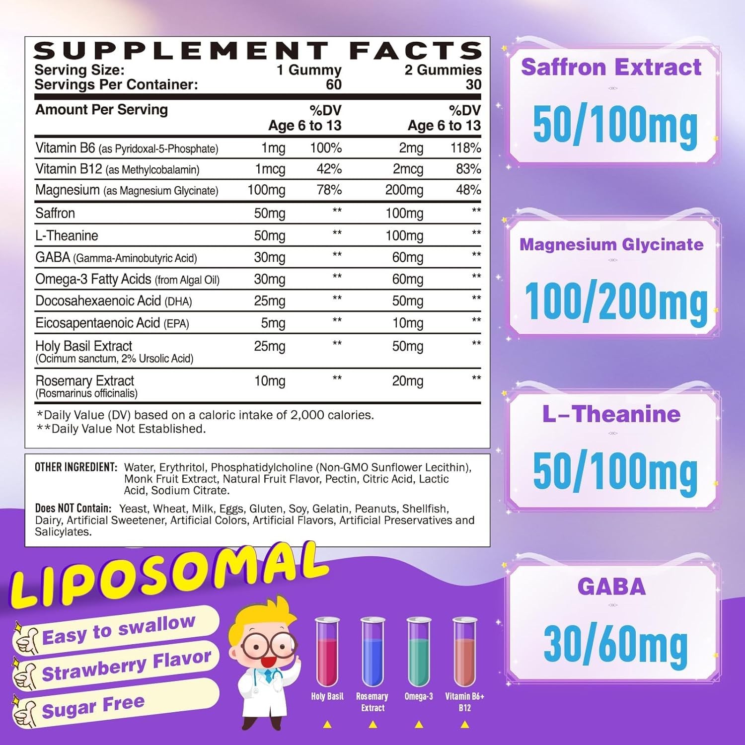 Liposomal Saffron Gummies Focus & Brain Support – L-Theanine GABA Omega-3 – 60ct