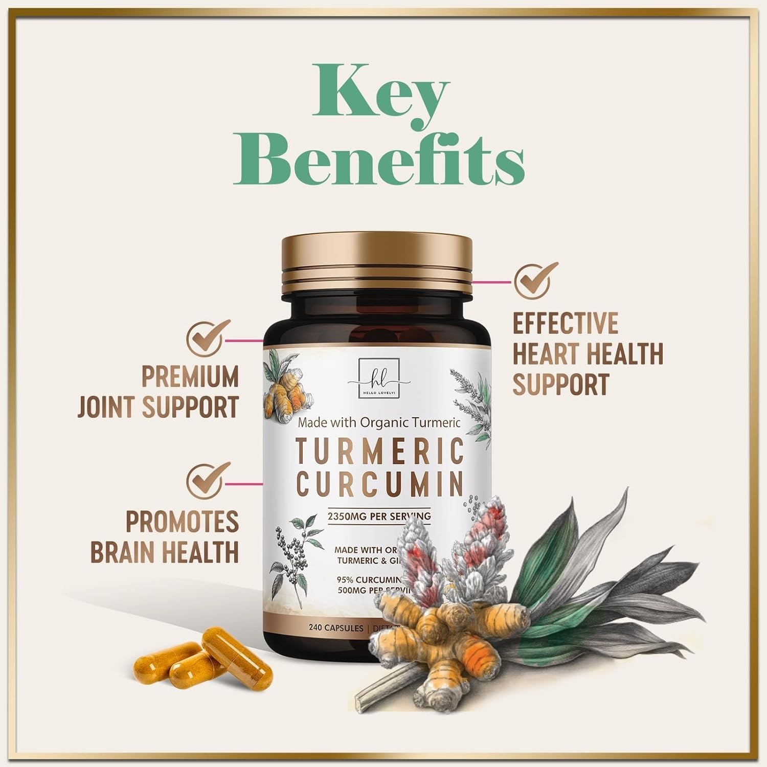 Hello Lovely! Organic Turmeric Curcumin Supplement w/ Ginger, 240 Capsules