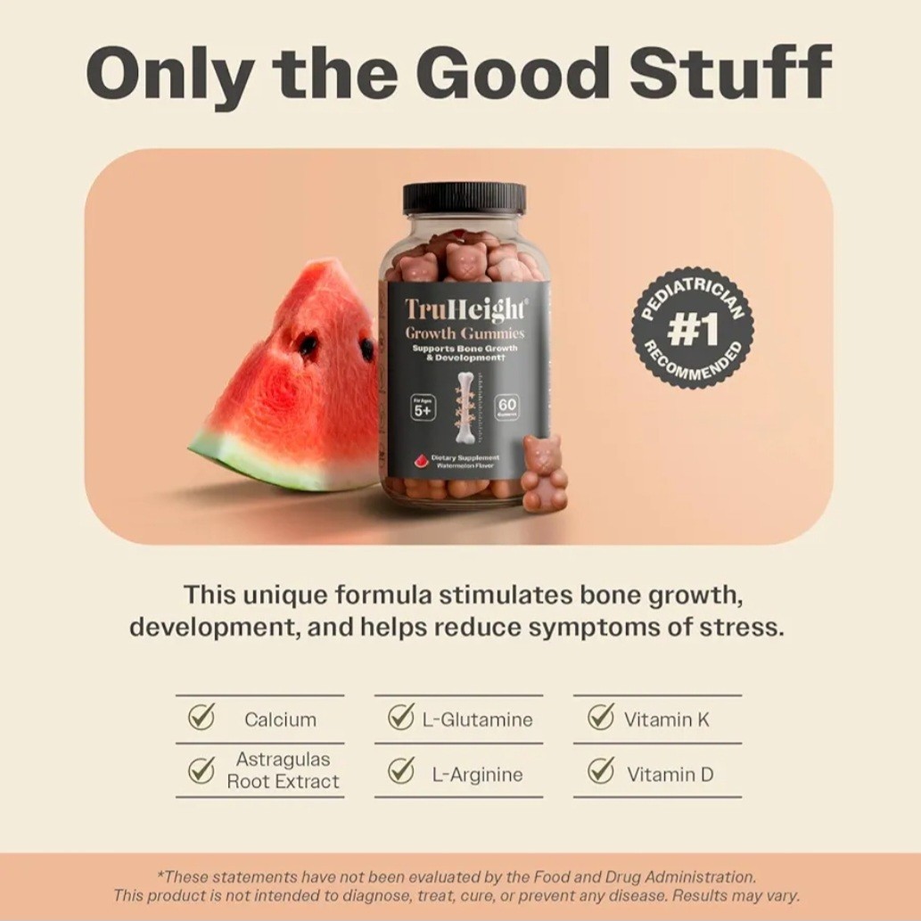TruHeight Growth Gummies Watermelon Natural Growing Kids Teens Supplement 40 CT