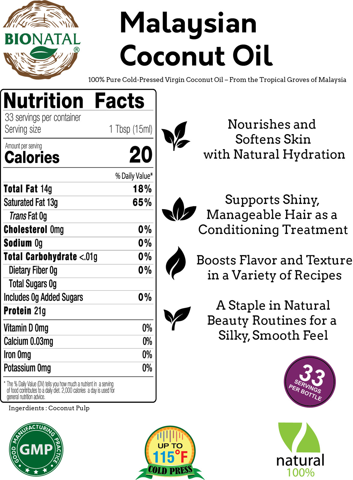 BioNatal Malaysian Coconut Oil 16 oz (GLASS) – 100% Pure Cold-Pressed, Unrefined