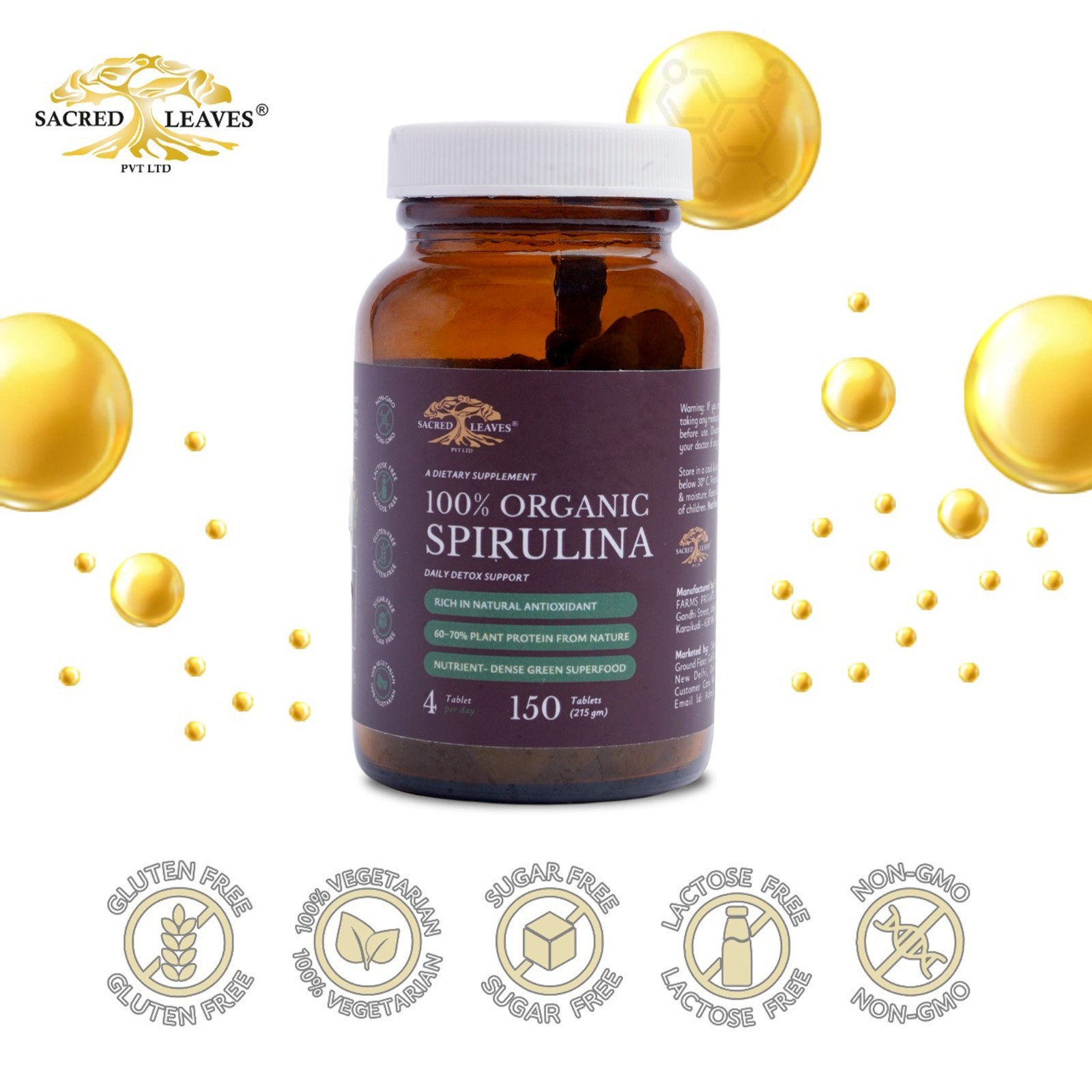 Sacred Leaves 100% Organic Spirulina Tablets 500 mg | Arthrospira Platensis