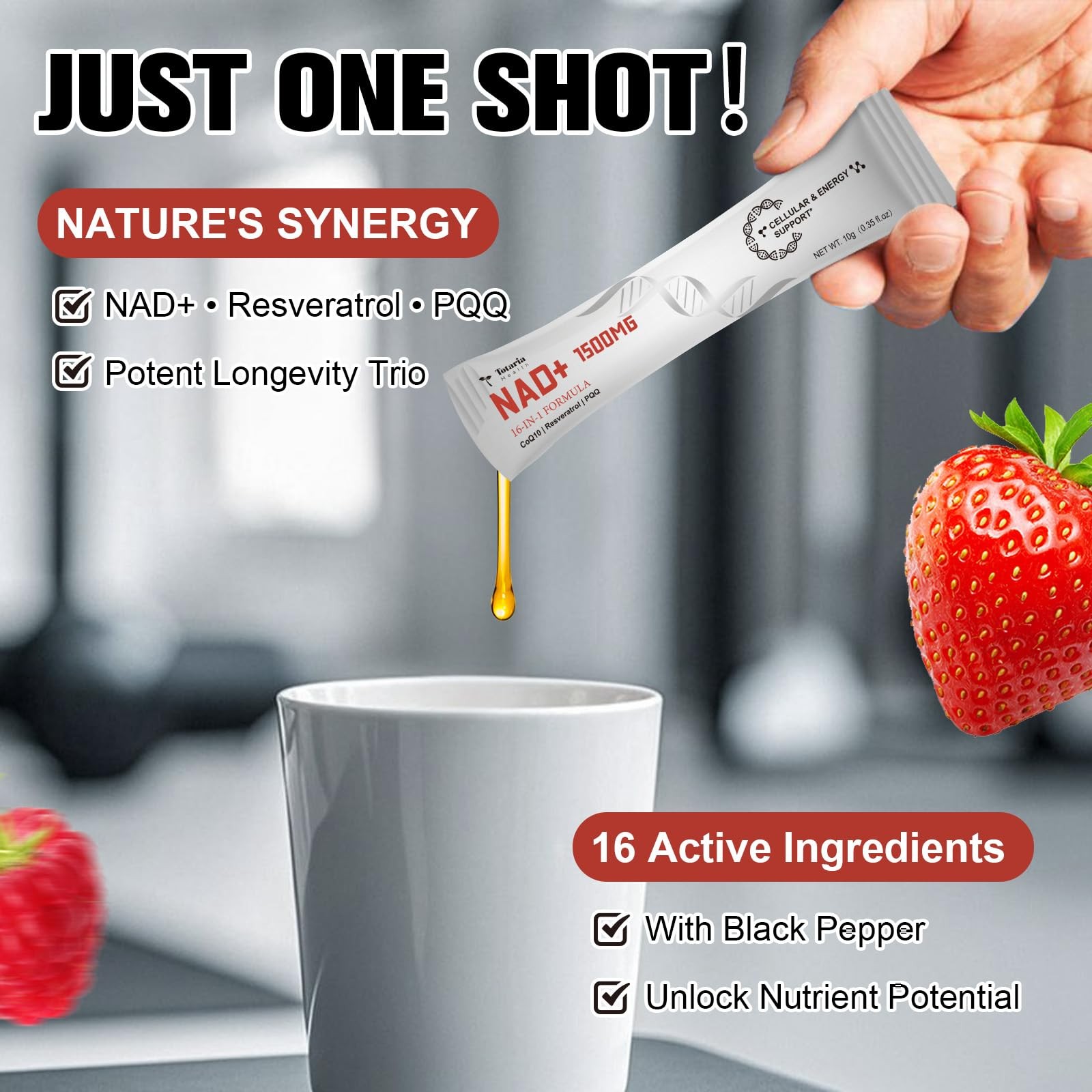 Totaria 16-in-1 NAD Liquid Supplement 1500mg for Men & Women, Extra 30 Packet