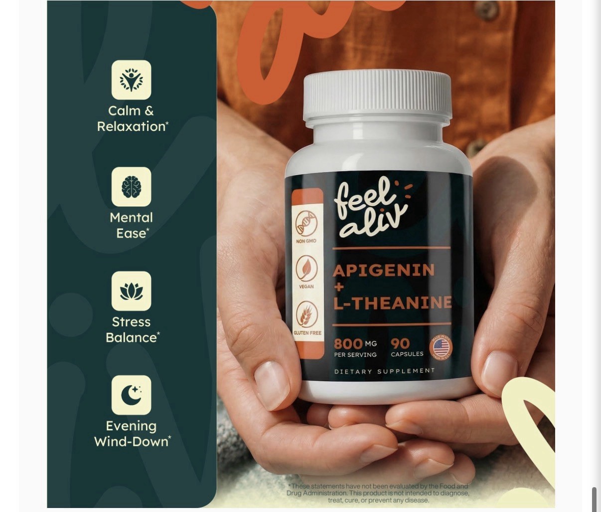 feel aliv Apigenin + L-Theanine 800mg Caps 90ct Vegan Non-GMO Gluten-Free