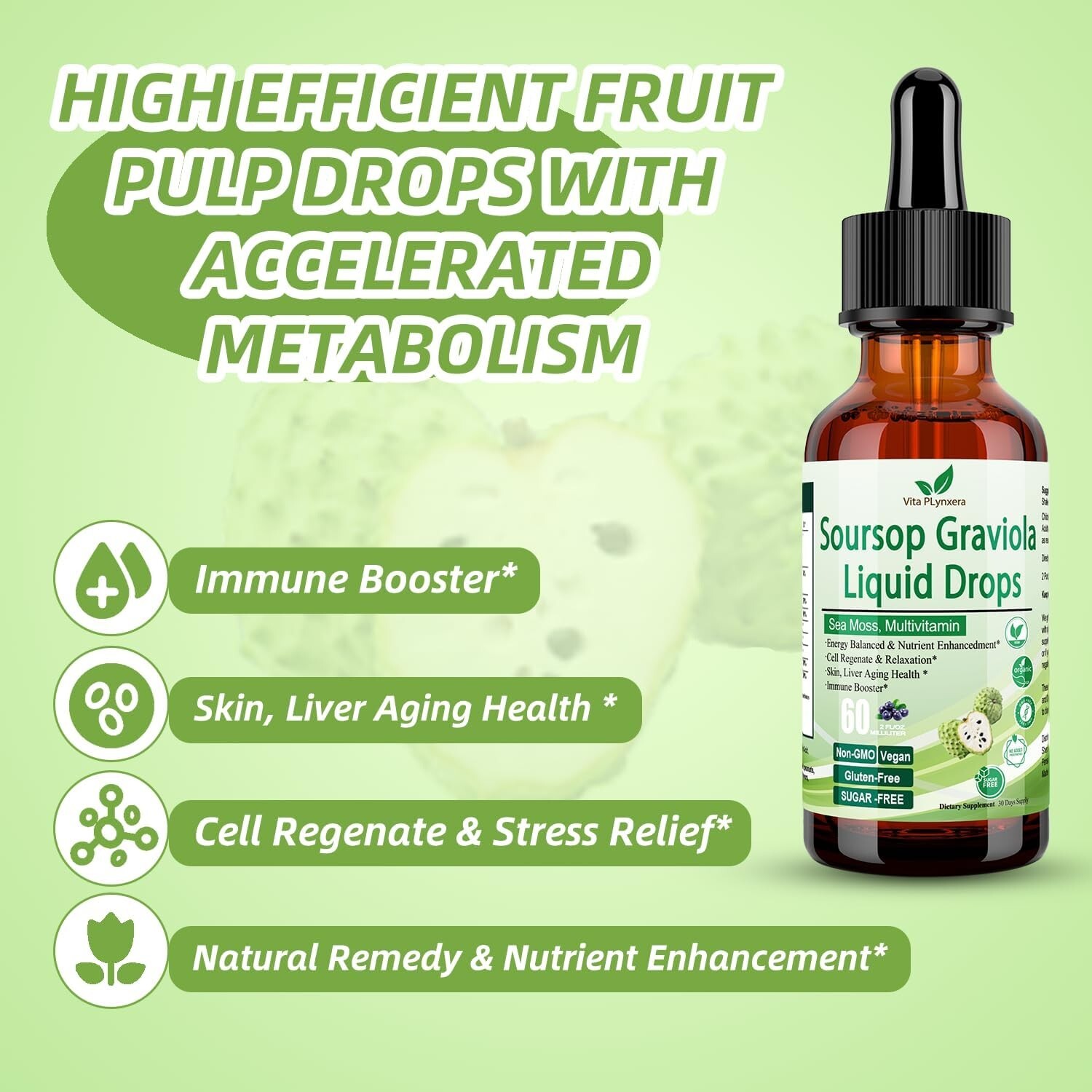 Soursop Graviola Liquid Drops, Soursop Extract Multivitamin Drops w. Sea Moss, G