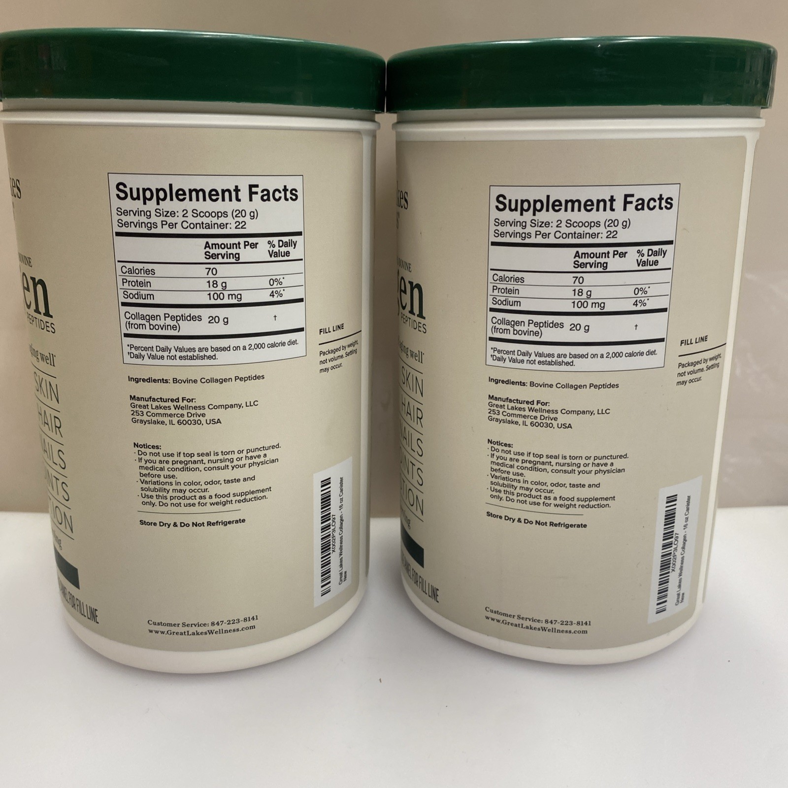 2X Great Lakes Wellness Grass-Fed Collagen Peptides Unflavored Powder 16 Oz
