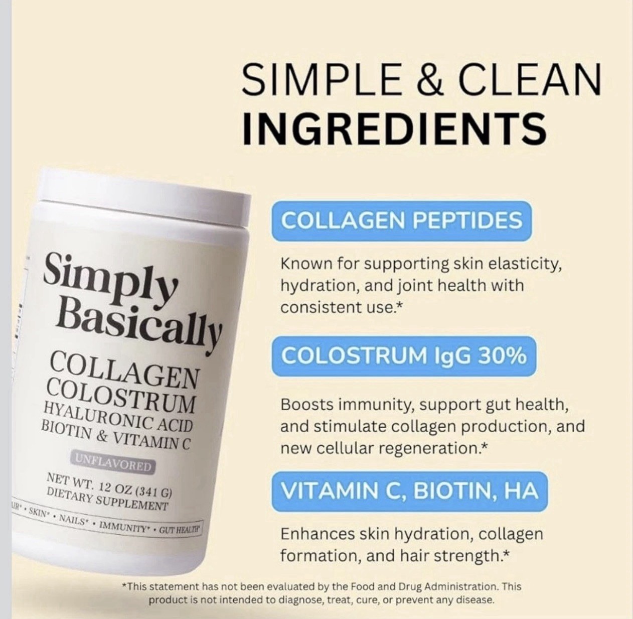 Simply Basically Collagen Colostrum Biotin Unflavored Powder Supplement 12 oz