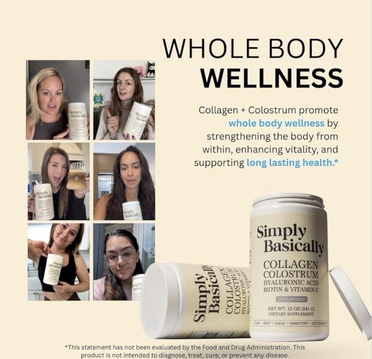 Simply Basically Collagen Colostrum Biotin Unflavored Powder Supplement 12 oz