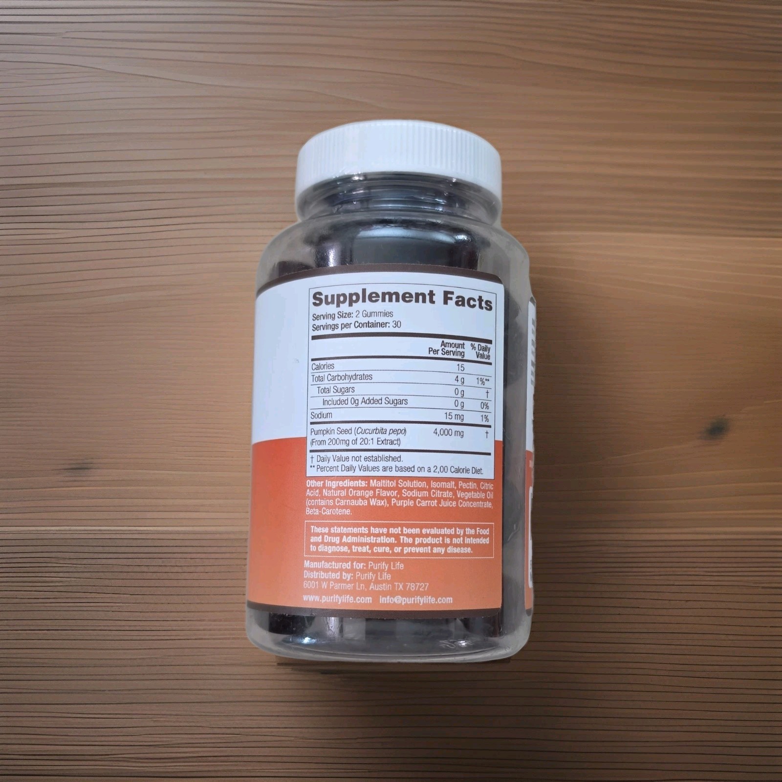 Pumpkin Seed Oil Sugar-Free Vegan 60 Gummies by Purify Life Exp 08/2027