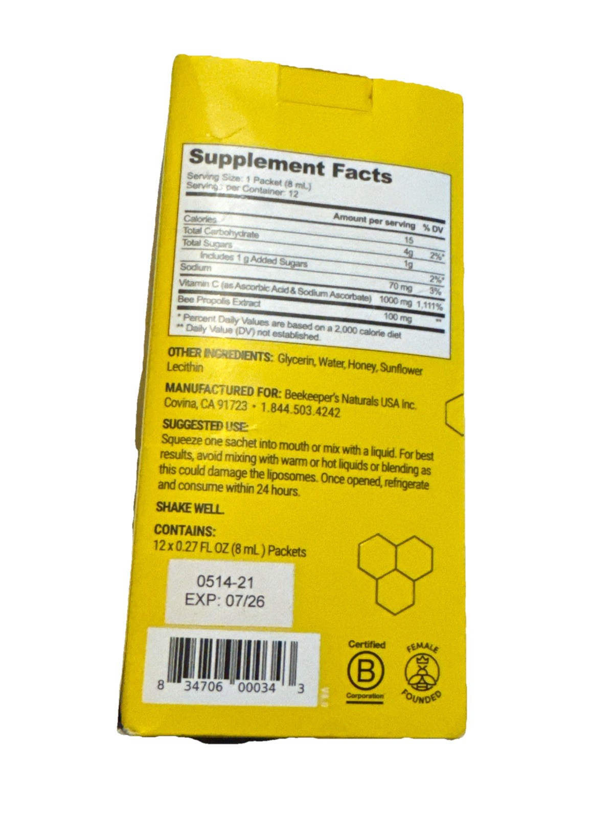 Beekeeper’s Naturals, Propolis + Vitamin C **9 Packets 0.27 Fl Oz (8 Ml)