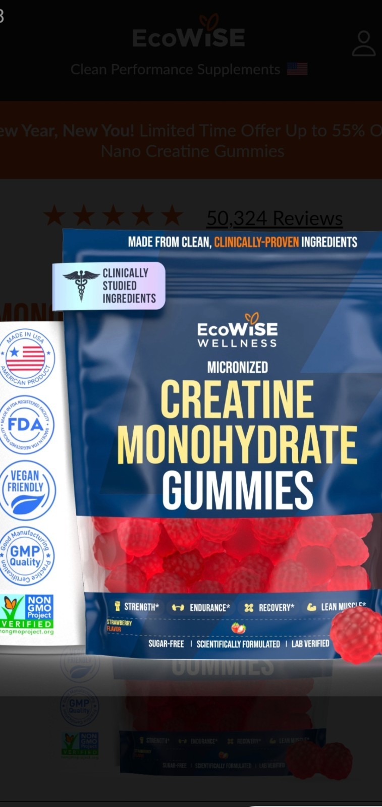 EcoWise Creatine Monohydrate Micronized Gummies 5000 mg Sugar-free