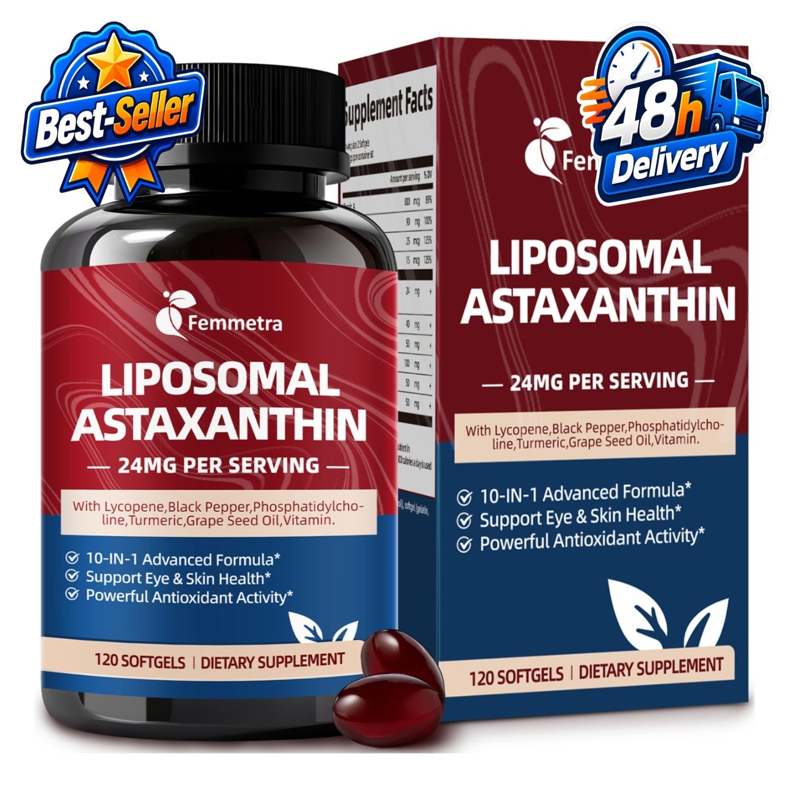Femmetra 10-IN-1 Astaxanthin 24mg Softgels for Eye & Skin Health