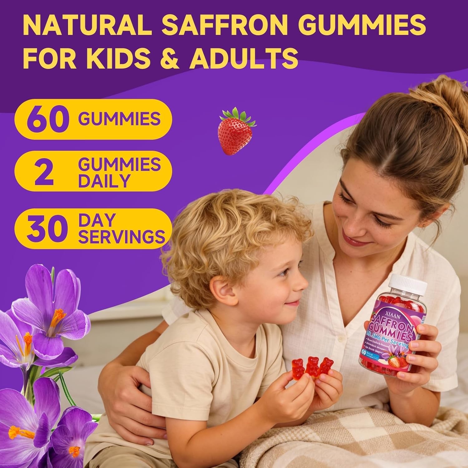 XIAAN Saffron Gummies 88.5mg – 10-in-1 Calm & Focus – Sugar Free Strawberry 60ct