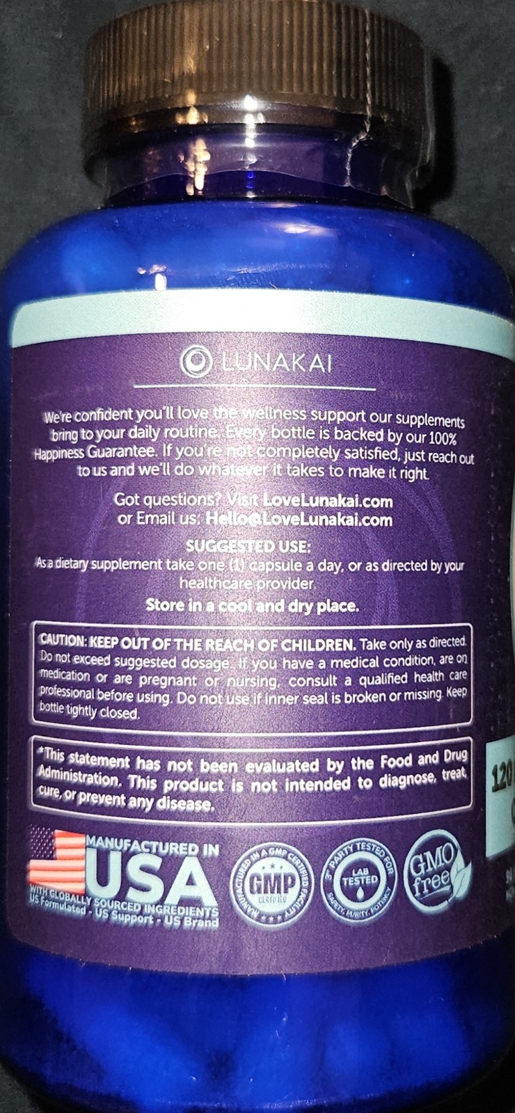 Lunakai USA Made Pure Magnesium Glycinate Capsules 120mg with B6 (P-5-P) 90ct