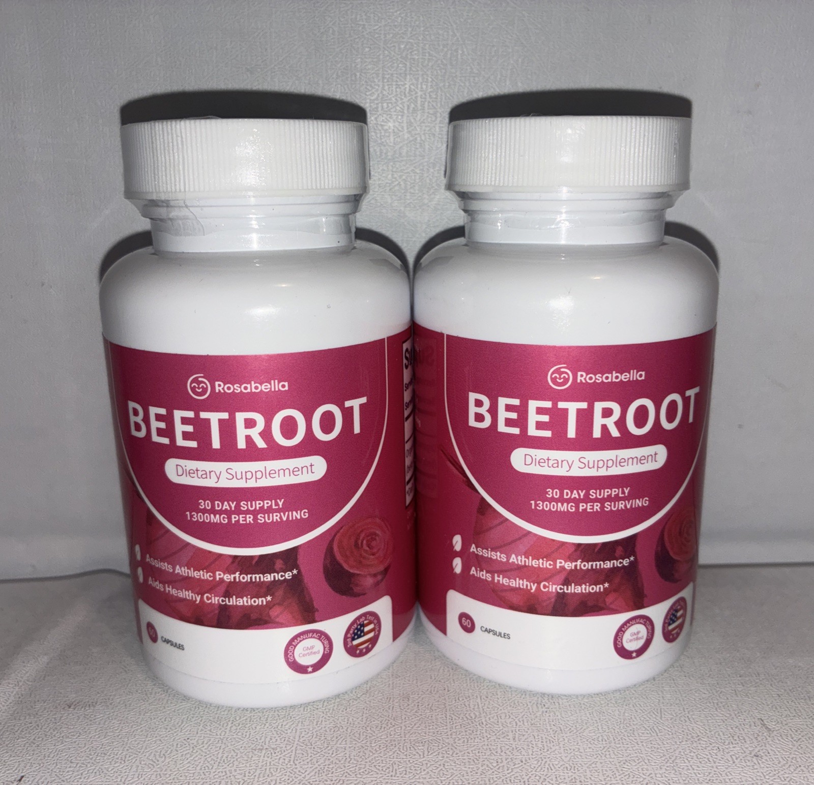 Lot Of 2- Rosabella Beetroot Dietary Supplement GMP 1300mg /60 Caps Each
